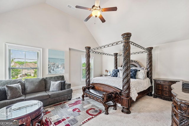 3024 Bridgehaven Ct, Snellville, GA 30039 - bedroom with light carpet, high vaulted ceiling, and ceiling fan