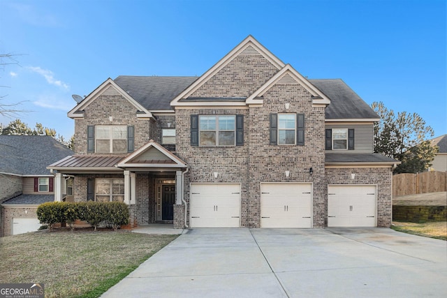 7691 Brazos Trl, Fairburn, GA 30213 - craftsman-style house with driveway, an attached garage, brick siding, and a porch