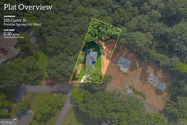 155 Carey St, Franklin Springs, GA 30662 - aerial view of property and surrounding area featuring property boundaries highlighted