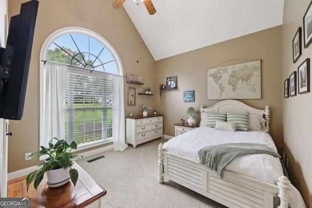 8485 Anchor On Lanier Ct, Gainesville, GA 30506 - bedroom featuring high vaulted ceiling, light carpet, and ceiling fan