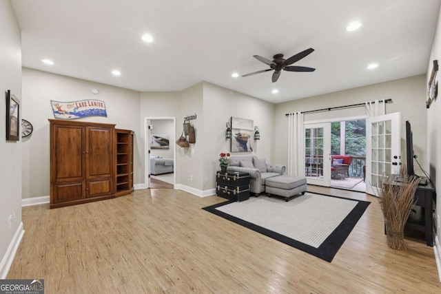 8485 Anchor On Lanier Ct, Gainesville, GA 30506 - living area featuring ceiling fan, light wood finished floors, recessed lighting, and french doors