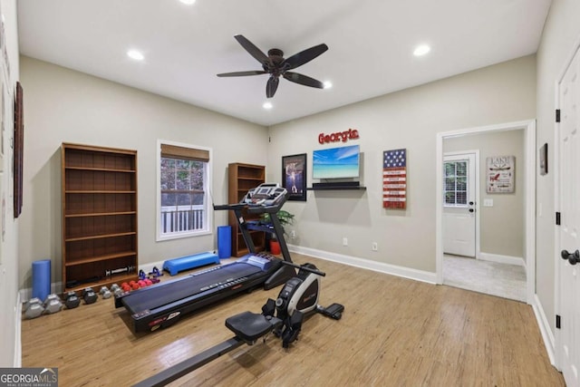 8485 Anchor On Lanier Ct, Gainesville, GA 30506 - exercise room with wood finished floors, ceiling fan, and recessed lighting