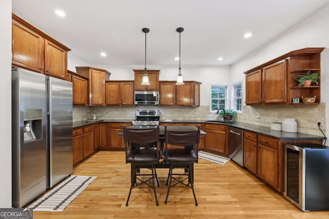 8485 Anchor On Lanier Ct, Gainesville, GA 30506 - kitchen featuring stainless steel appliances, wine cooler, brown cabinets, open shelves, and light wood-type flooring