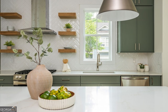 38 Mildred Pl NW, Atlanta, GA 30318 - kitchen featuring green cabinetry, open shelves, and appliances with stainless steel finishes