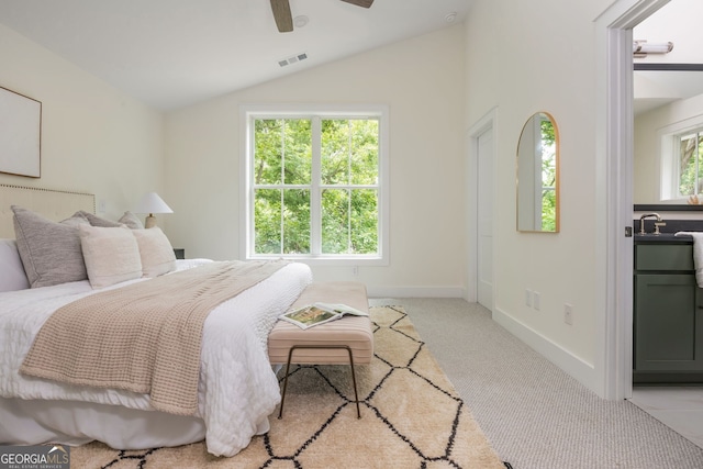 38 Mildred Pl NW, Atlanta, GA 30318 - bedroom with vaulted ceiling, light colored carpet, and a ceiling fan