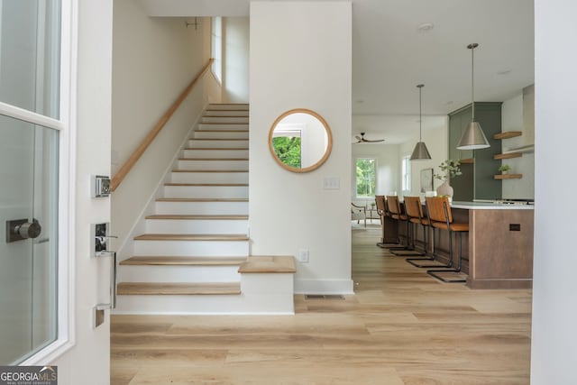 38 Mildred Pl NW, Atlanta, GA 30318 - staircase with wood finished floors and a ceiling fan