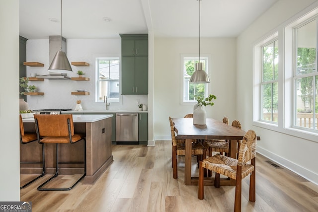 38 Mildred Pl NW, Atlanta, GA 30318 - kitchen with stainless steel dishwasher, green cabinetry, plenty of natural light, and open shelves