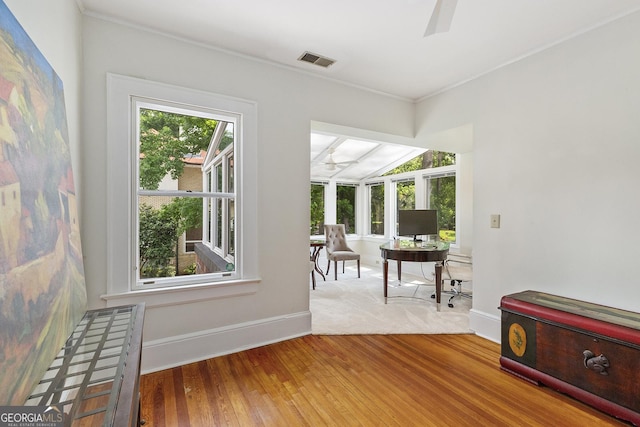 1036 Oxford Rd NE, Atlanta, GA 30306 - living area with ceiling fan, wood finished floors, and crown molding