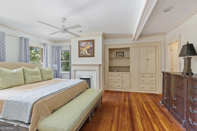 1036 Oxford Rd NE, Atlanta, GA 30306 - bedroom with hardwood / wood-style flooring, ornamental molding, a brick fireplace, beam ceiling, and a ceiling fan