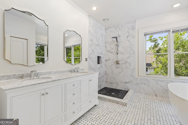 1036 Oxford Rd NE, Atlanta, GA 30306 - full bathroom with a marble finish shower, a freestanding tub, double vanity, and recessed lighting