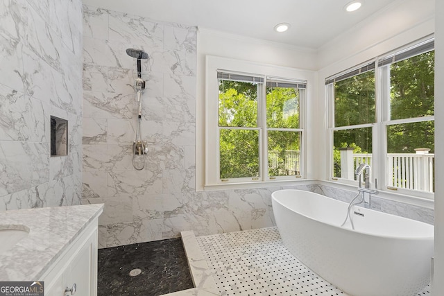 1036 Oxford Rd NE, Atlanta, GA 30306 - bathroom with a marble finish shower, a soaking tub, vanity, ornamental molding, and recessed lighting