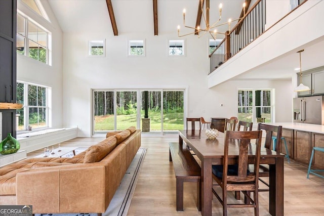 1585 Parks Rd, Forsyth, GA 31029 - dining area featuring high vaulted ceiling, light wood-style floors, beam ceiling, a chandelier, and healthy amount of natural light