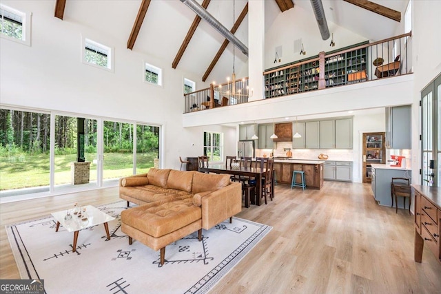 1585 Parks Rd, Forsyth, GA 31029 - living room featuring high vaulted ceiling, light wood-style floors, beam ceiling, and plenty of natural light