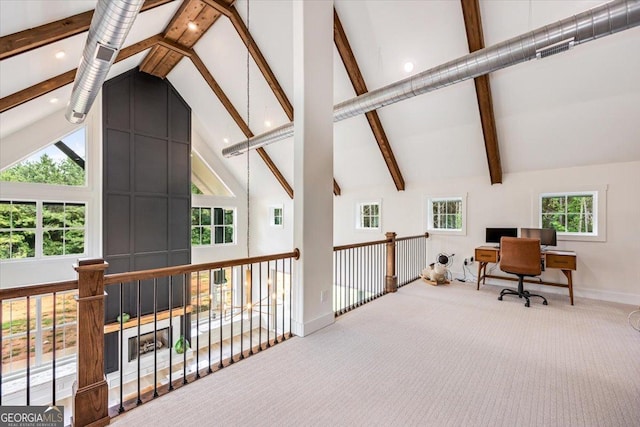 1585 Parks Rd, Forsyth, GA 31029 - home office featuring carpet, beamed ceiling, and high vaulted ceiling