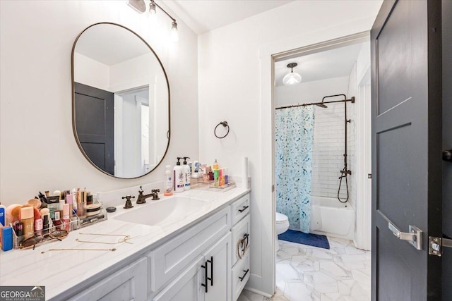 1585 Parks Rd, Forsyth, GA 31029 - bathroom featuring marble finish floors, vanity, and shower / bath combo with shower curtain