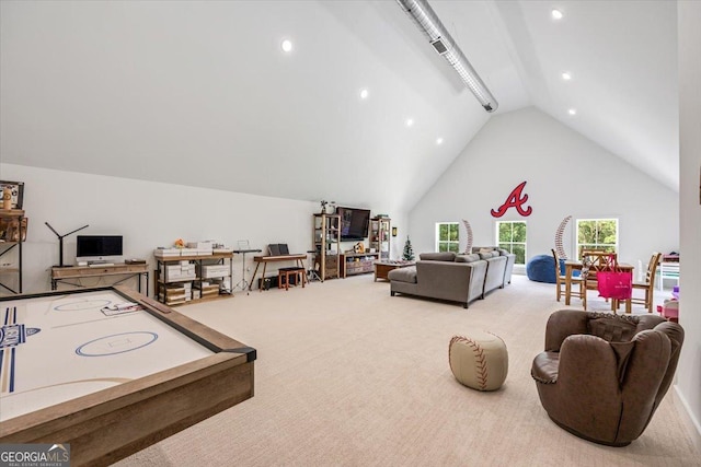 1585 Parks Rd, Forsyth, GA 31029 - rec room with vaulted ceiling, carpet flooring, and recessed lighting