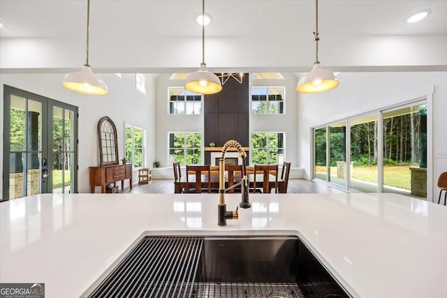 1585 Parks Rd, Forsyth, GA 31029 - kitchen with a towering ceiling, wood finished floors, decorative light fixtures, french doors, and recessed lighting