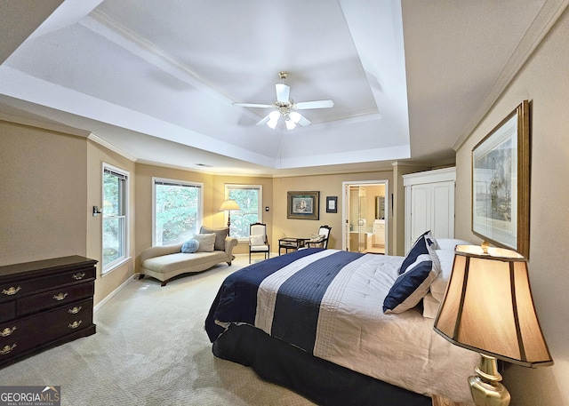 1620 Silverleaf Way, Alpharetta, GA 30005 - bedroom with a tray ceiling, light carpet, crown molding, connected bathroom, and a ceiling fan