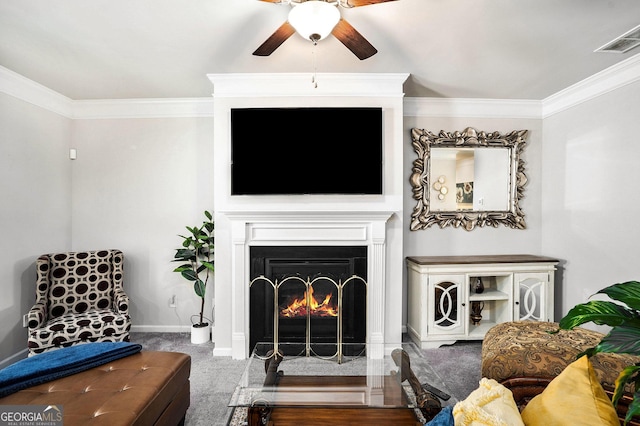 176 Malbone St SW, Cartersville, GA 30120 - living room with ceiling fan, crown molding, a fireplace with flush hearth, and carpet