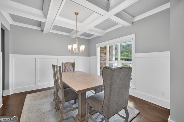 2112 Meadowood Cv, Monroe, GA 30655 - dining area with coffered ceiling, dark wood-style floors, beamed ceiling, a wainscoted wall, and a chandelier