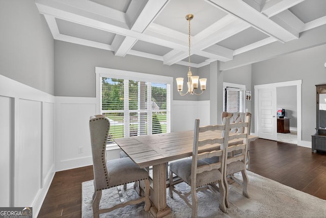 2112 Meadowood Cv, Monroe, GA 30655 - dining area featuring coffered ceiling, dark wood-style floors, a chandelier, wainscoting, and beam ceiling