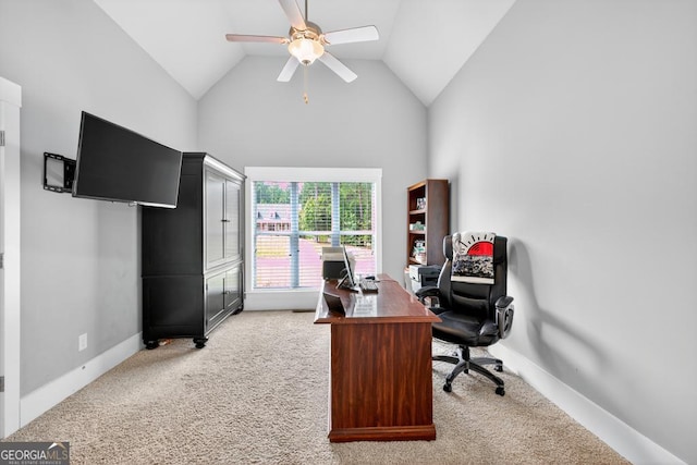 2112 Meadowood Cv, Monroe, GA 30655 - home office featuring light carpet, a ceiling fan, and high vaulted ceiling
