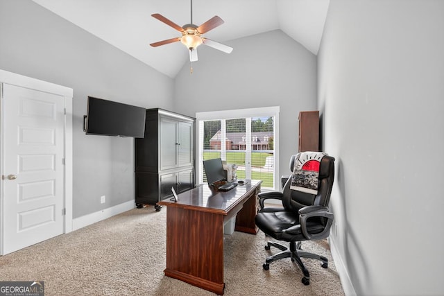 2112 Meadowood Cv, Monroe, GA 30655 - home office with light carpet, a ceiling fan, and high vaulted ceiling