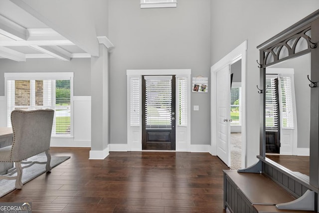 2112 Meadowood Cv, Monroe, GA 30655 - foyer entrance featuring dark wood-type flooring, a high ceiling, and beam ceiling
