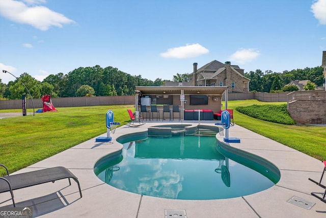 2112 Meadowood Cv, Monroe, GA 30655 - view of pool with a fenced backyard, a patio, and a pool with connected hot tub