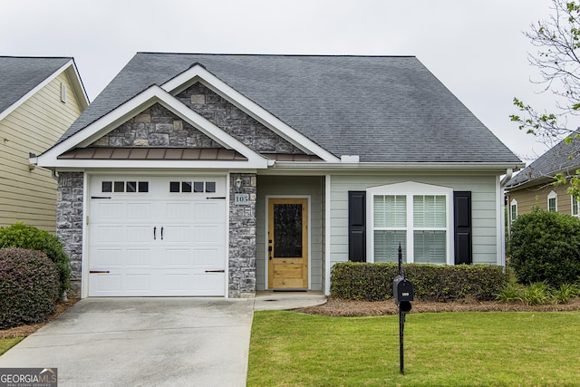 105 Maplecrest Ln SE, Rome, GA 30161 - view of front facade with an attached garage, stone siding, a front lawn, concrete driveway, and a shingled roof