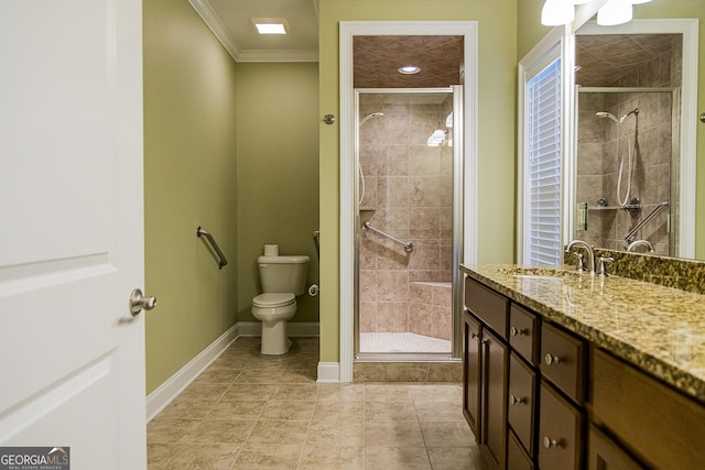 105 Maplecrest Ln SE, Rome, GA 30161 - bathroom featuring ornamental molding, vanity, a shower stall, and tile patterned flooring