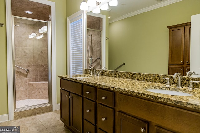 105 Maplecrest Ln SE, Rome, GA 30161 - full bath featuring a shower stall, double vanity, crown molding, tile patterned floors, and a chandelier