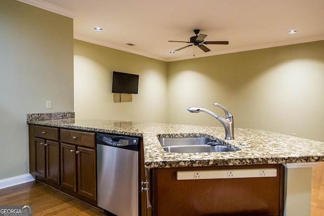 105 Maplecrest Ln SE, Rome, GA 30161 - kitchen with dishwasher, wood finished floors, ceiling fan, ornamental molding, and light stone counters