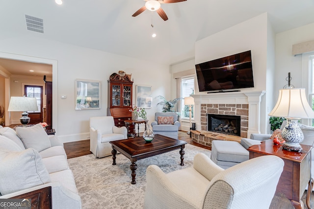 1911 Bent Pine Park, Statham, GA 30666 - living room with a ceiling fan, plenty of natural light, wood finished floors, a stone fireplace, and recessed lighting