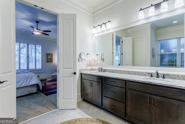 1911 Bent Pine Park, Statham, GA 30666 - ensuite bathroom featuring double vanity, ceiling fan, crown molding, and tile patterned floors