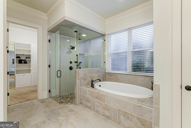 1911 Bent Pine Park, Statham, GA 30666 - full bath featuring a garden tub, a shower stall, crown molding, a spacious closet, and tile patterned flooring