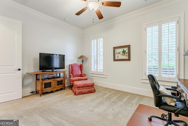 1911 Bent Pine Park, Statham, GA 30666 - carpeted home office featuring ornamental molding and ceiling fan
