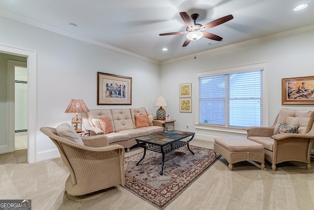 1911 Bent Pine Park, Statham, GA 30666 - living room with light carpet, ceiling fan, recessed lighting, and ornamental molding