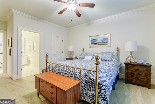 1911 Bent Pine Park, Statham, GA 30666 - bedroom featuring light carpet, ornamental molding, ceiling fan, and ensuite bath