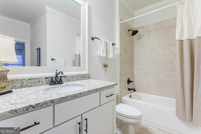 1911 Bent Pine Park, Statham, GA 30666 - bathroom featuring vanity, ornamental molding, shower / tub combo with curtain, and tile patterned flooring