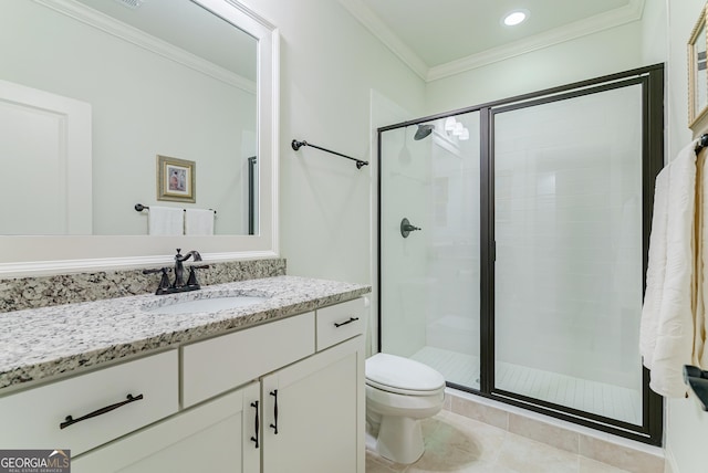 1911 Bent Pine Park, Statham, GA 30666 - full bath with a shower stall, vanity, tile patterned flooring, ornamental molding, and recessed lighting