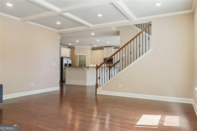 2638 Lake Manor Cir, Duluth, GA 30096 - unfurnished living room featuring wood finished floors, recessed lighting, beam ceiling, stairs, and coffered ceiling