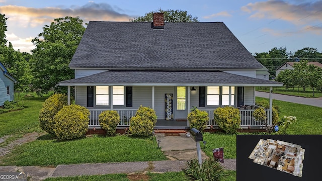 15 Aragon Rd, Aragon, GA 30104 - view of front of house with a chimney, roof with shingles, a porch, and a front lawn