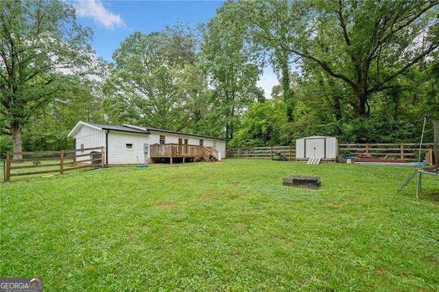 154 Fairview Rd, Ball Ground, GA 30107 - fenced backyard with a wooden deck and a storage shed