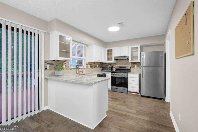 1066 Wedgewood Ln, Tucker, GA 30084 - kitchen featuring appliances with stainless steel finishes, under cabinet range hood, a peninsula, and tasteful backsplash