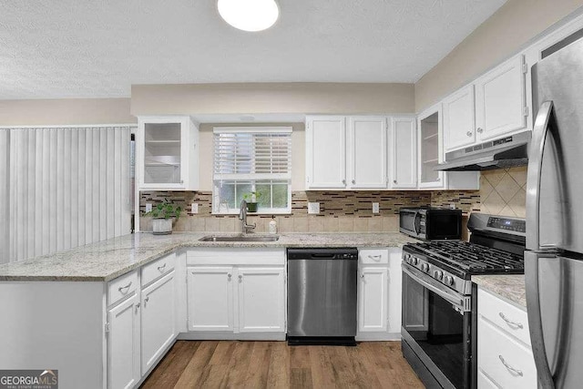 1066 Wedgewood Ln, Tucker, GA 30084 - kitchen with stainless steel appliances, under cabinet range hood, a peninsula, white cabinetry, and a textured ceiling