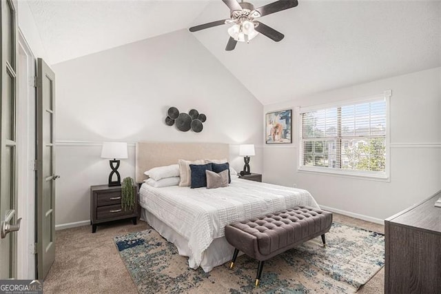 3440 Oaktree, Stonecrest, GA 30038 - bedroom featuring light carpet, vaulted ceiling, and ceiling fan