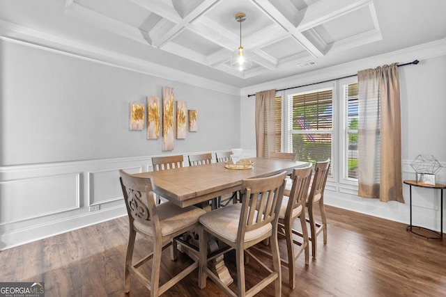 2767 NW Magnolia Creek Dr, Kennesaw, GA 30152 - dining room with wood finished floors, beam ceiling, a wainscoted wall, coffered ceiling, and ornamental molding