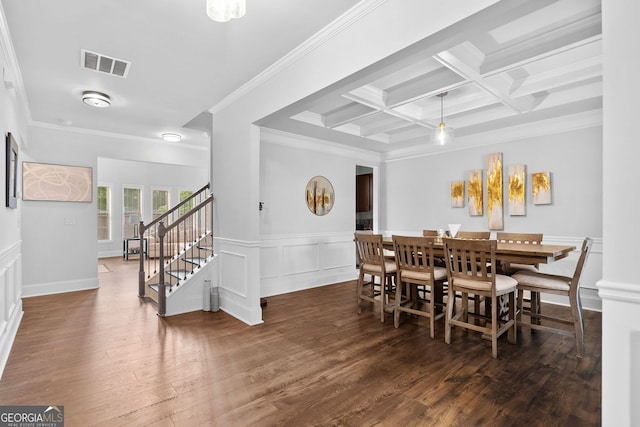 2767 NW Magnolia Creek Dr, Kennesaw, GA 30152 - dining room with wood finished floors, beam ceiling, stairway, coffered ceiling, and wainscoting