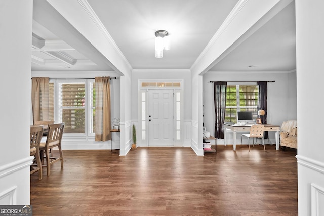2767 NW Magnolia Creek Dr, Kennesaw, GA 30152 - foyer with ornamental molding, wood finished floors, and a wainscoted wall